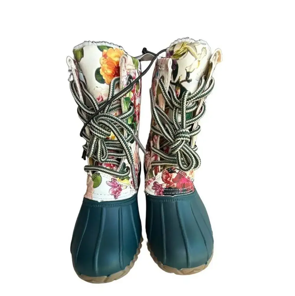 Jands Floral Lace-Up Duck Boots Dark Green Youth Size 11